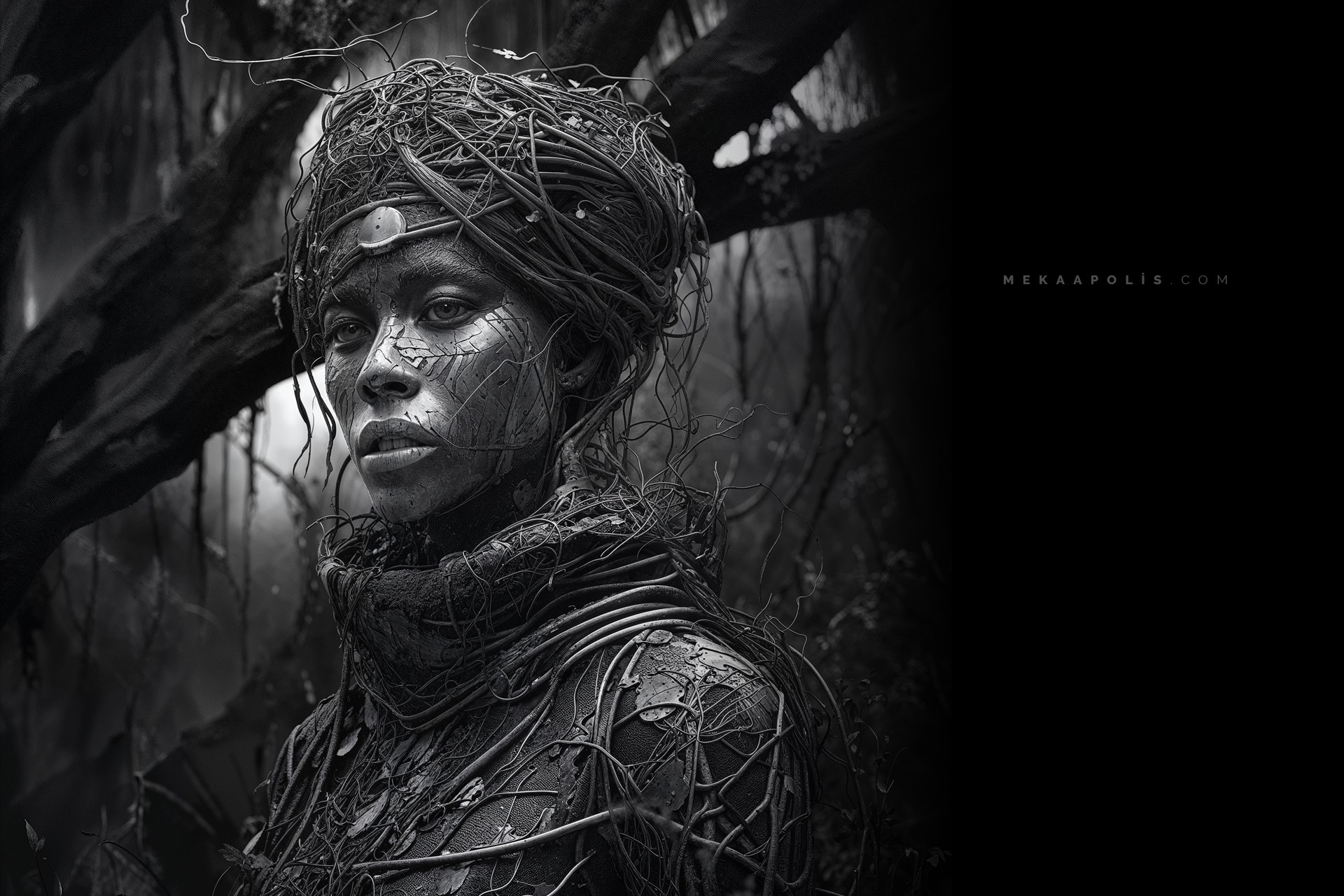 Mekaapolis -  Digital-Art & AI-Mutations #midjourneyartwork #midjourney #conceptualartist #digitalartist #ai #aiart #aiartcommunity #aiartist #instaart #instaartwork #digitalart #aiartwork #blackandwhite #cyber #photoshop #darkart #sci-fi #africa #bots #android #mekaa #mask #tribe #technology #nature #motherearth #futurism - Wallpapers